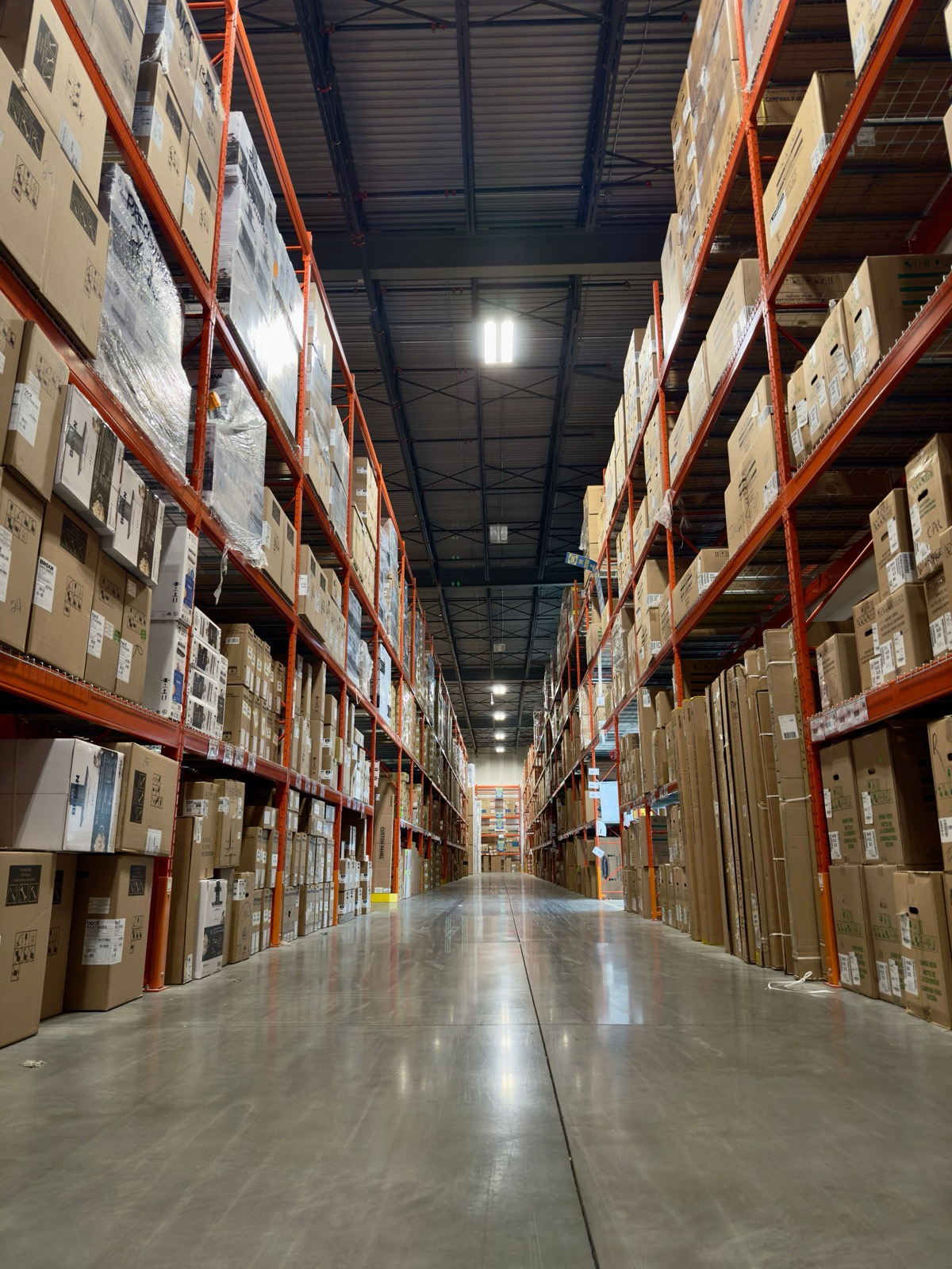 Rows of pallet racking stacked floor-to-ceiling in Luna's trade warehouse